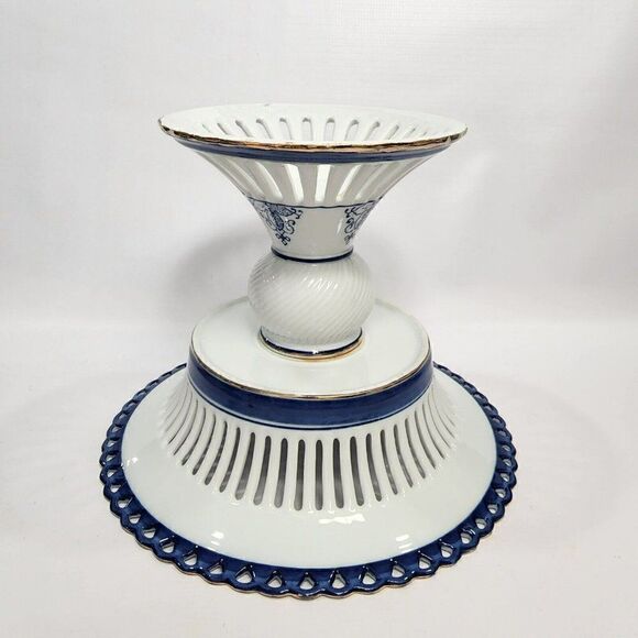 SATSUMA Footed 9" Handpainted Blue & White Floral Pedestal Dish - Picture 9 of 12